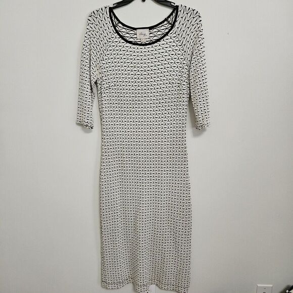 Beige by Eci Stretch Dress Texture Sheath Beige w/Black Midi Cocktail Bodycon M - Picture 1 of 7